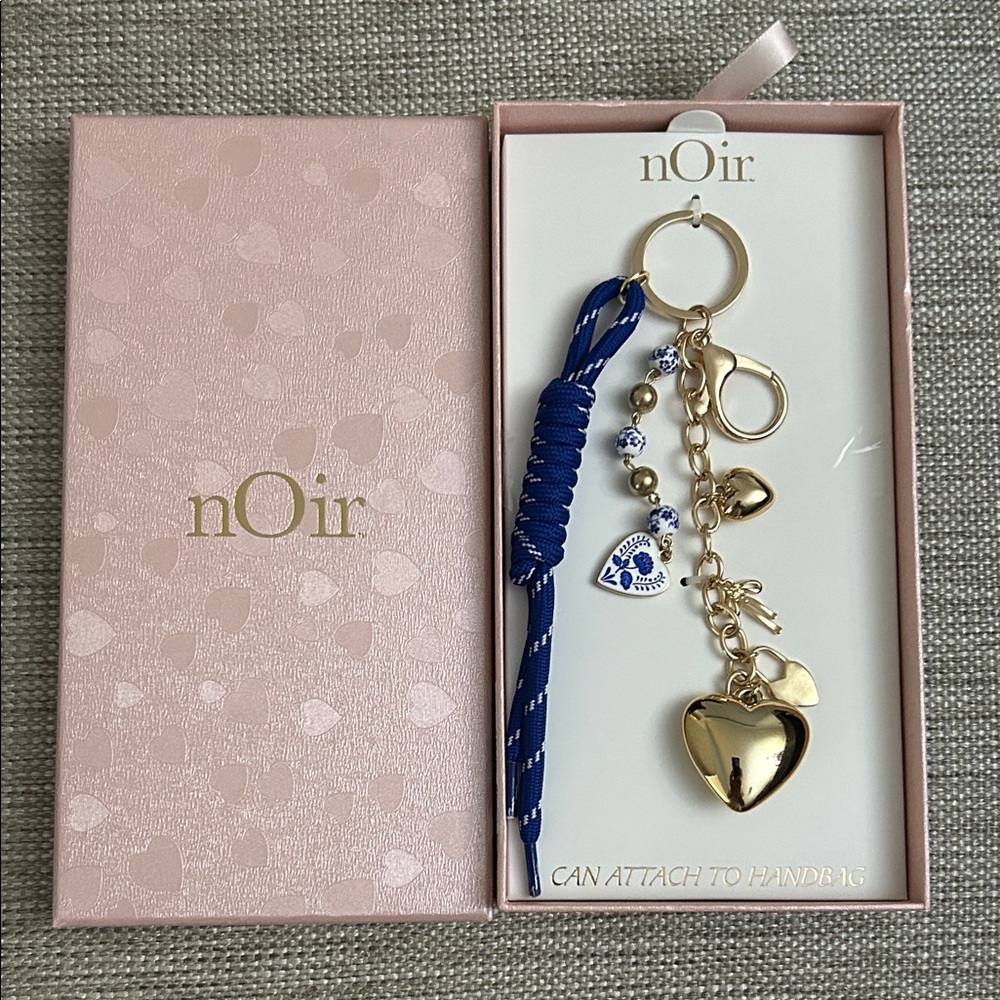 nOir Jewelry Gold Heart Key Ring with Blue Cord and Charms
